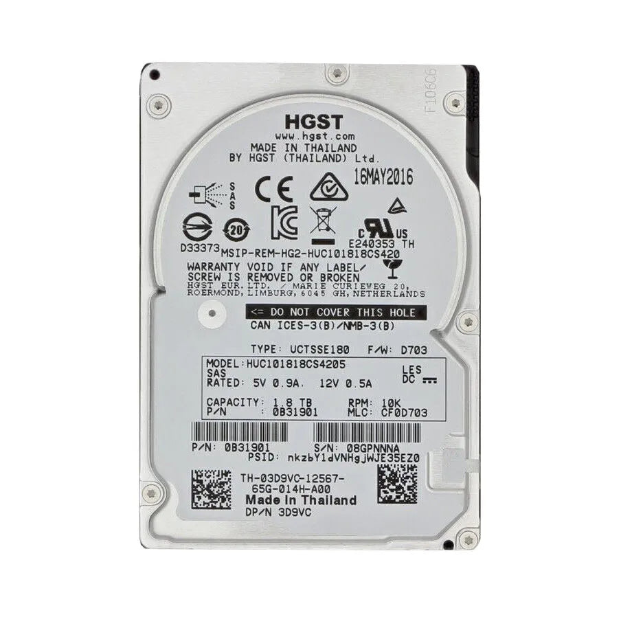 Dell 03D9VC 1.8TB 10000RPM SAS 12Gb/S Hot-Pluggable (512e) (SED) 2.5-Inch Hard Drive With Tray For PowerEdge Server Dell Part Number: 03D9VC