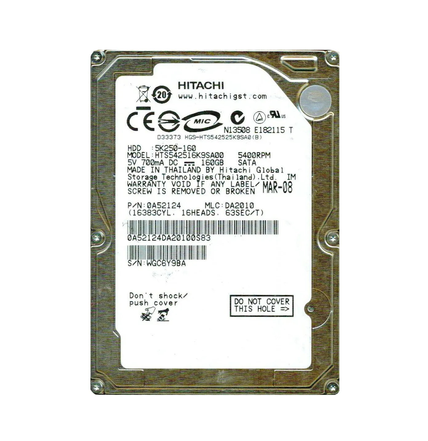 Hitachi HTS542516K9SA00 Travelstar 5K250 Series 160GB 5400RPM SATA 1.5Gb/S 8MB Cache 2.5-Inch Hard Drive Hitachi Part Number: HTS542516K9SA00