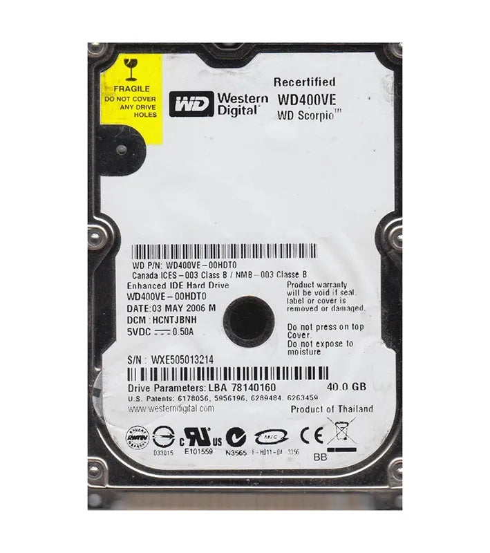 Western Digital WD400VE-00HDT0 Scorpio 40GB 5400RPM EIDE 8MB Cache 2.5-Inch Hard Drive Western Digital Part Number: WD400VE-00HDT0