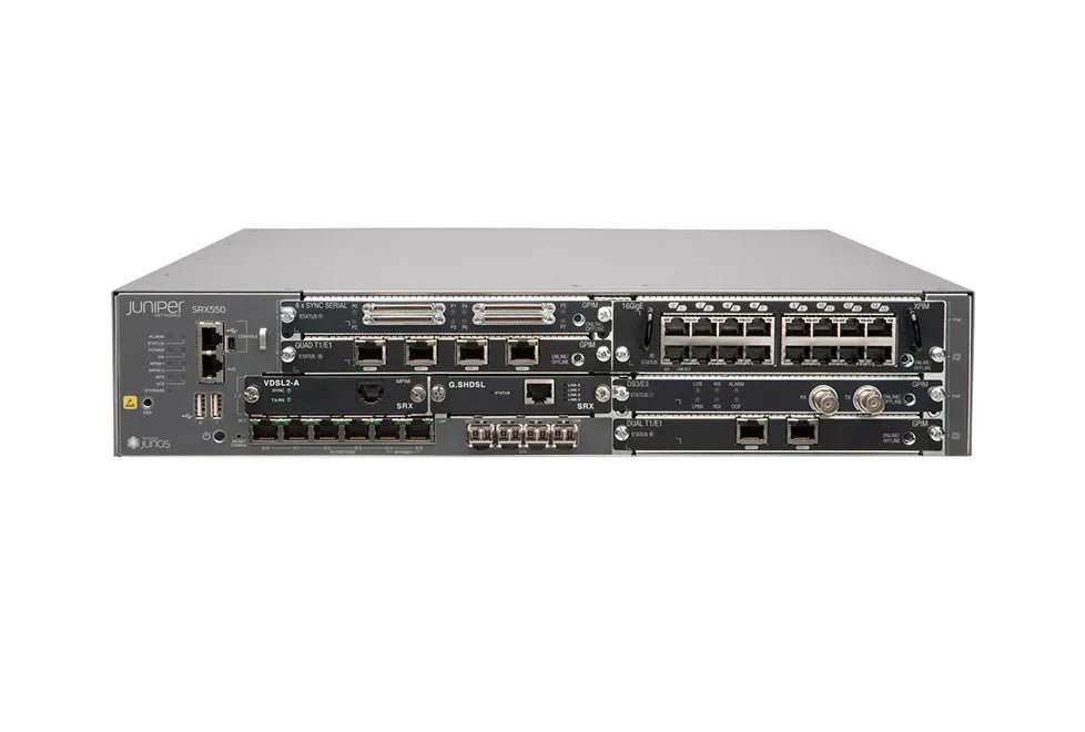 Juniper SRX550 - M - SYS - JE - DC Network SRX550 Service Gateway 2x MPIM Slots 6x GPIM Slots 4G RAM 8G Flash DC PSU Cable/RMK And Junos Software Enhanced Firewall Juniper Part Number: SRX550 - M - SYS - JE - DC - G5 Network GroupNetwork Security & Firewall Devices